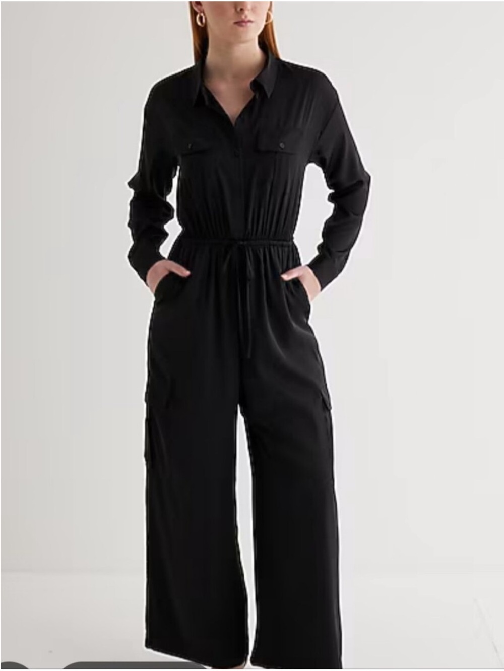 Express Black Satin Long-Sleeve Utility Cargo Jumpsuit